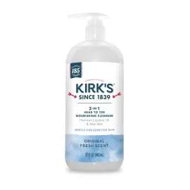 Kirk\'s 3-in-1 Head to Toe Nourishing Liquid Cleanser- for Men, Women & Children - Premium Coconut Oil & Aloe Vera- Non GMO & Vegan -Original Fresh Scent - 32 Fl Oz