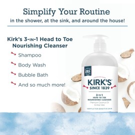 Kirk\'s 3-in-1 Head to Toe Nourishing Liquid Cleanser- for Men, Women & Children - Premium Coconut Oil & Aloe Vera- Non GMO & Vegan -Original Fresh Scent - 32 Fl Oz Kirk\'s 3-in-1 Head to Toe Nourishing Liquid Cleanser- for Men, Women & Children - Premium Coconut Oil & Aloe Vera- Non GMO & Vegan -Original Fresh Scent - 32 Fl Oz