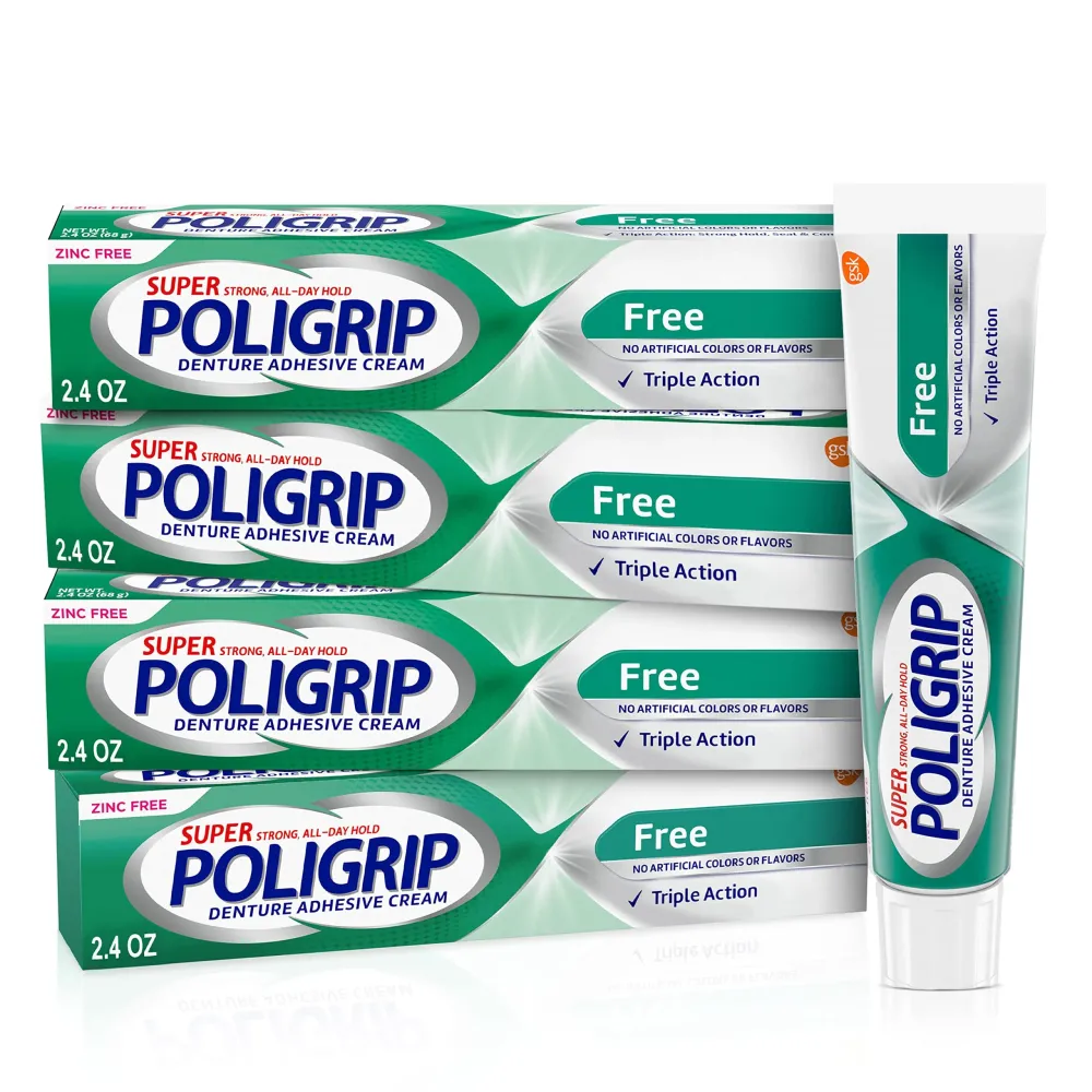 Super Poligrip Zinc Free Denture and Partials Adhesive Cream, 2.4 ounce (Pack of 4)