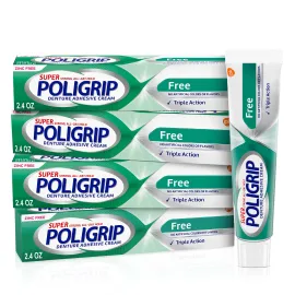 Super Poligrip Zinc Free Denture and Partials Adhesive Cream, 2.4 ounce (Pack of 4)