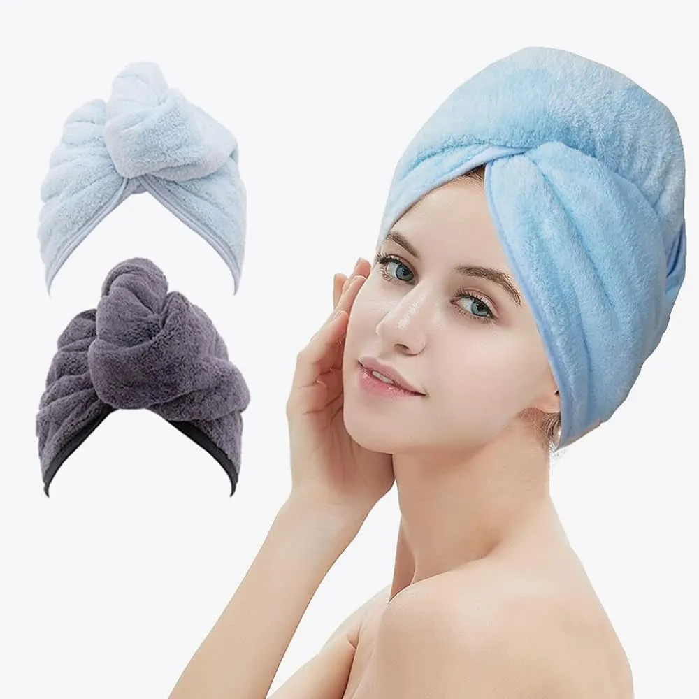 M-bestl 2 Pack Hair Drying Towels, Hair Towel Wrap,Absorbent Microfiber Hair Towel Turban with Button Design to Dry Hair More Quicker(Dark Gray& Blue)