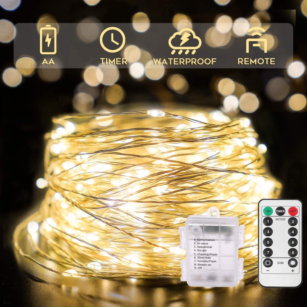 suddus 33ft 100 LED Outdoor String Lights, Warm White Fairy Lights Battery Operated with Remote, Led Twinkle Lights for Bedroom, Dorm, Backyard, Wedding, Tree, Mason Jar, Wall, Christmas suddus 33ft 100 LED Outdoor String Lights, Warm White Fairy Lights Battery Operated with Remote, Led Twinkle Lights for Bedroom, Dorm, Backyard, Wedding, Tree, Mason Jar, Wall, Christmas