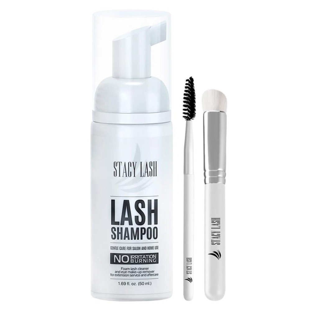 STACY LASH Eyelash Extension Shampoo + Brush / 1.69 fl.oz / 50ml / Eyelid Foaming Cleanser/Wash for Extensions & Natural Lashes/Safe Makeup Remover/Supplies for Professional & Home Use
