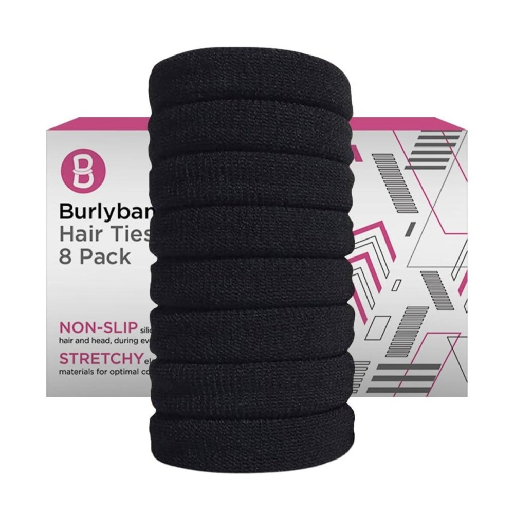 Burlybands Large Hair Ties for Thick, Heavy or Curly Hair - Non-Slip, Non-Damage, Seamless Women\'s Ponytail Scrunchies - Black, 8 Pcs