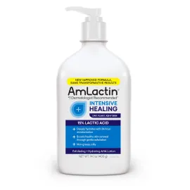 AmLactin Intensive Healing Body Lotion for Dry Skin, 14.1 oz Pump Bottle, 2-in-1 Exfoliator & Moisturizer with Ceramides & 15% Lactic Acid for Relief from Dry Skin (Packaging May Vary)