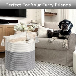 Goodpick Cotton Rope Storage Basket, 15 x 14.2 Inches Baby Laundry Baskets for Clothes, Toy Storage Blanket Basket With Handles for Living Room, Small Woven Baskets for Organizing Home Dcor, Grey