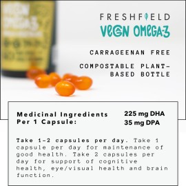 Freshfield Vegan Omega 3 DHA: Algae Oil, Carrageenan Free, Sustainably Sourced, Tested, No Heavy Metals, Replacement for Fish Oil, Carbon Neutral. Supports Heart, Brain, Joint Health w/DPA Freshfield Vegan Omega 3 DHA: Algae Oil, Carrageenan Free, Sustainably Sourced, Tested, No Heavy Metals, Replacement for Fish Oil, Carbon Neutral. Supports Heart, Brain, Joint Health w/DPA