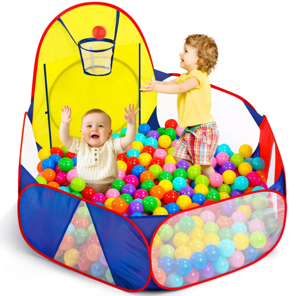 Eocolz Kids Ball Pit Large Pop Up Childrens Ball Pits Tent for Toddlers Playhouse Baby Crawl Playpen with Basketball Hoop and Zipper Storage Bag, 4 Ft/120CM, Balls Not Included (Blue Yellow Red)