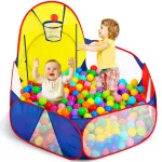 Eocolz Kids Ball Pit Large Pop Up Childrens Ball Pits Tent for Toddlers Playhouse Baby Crawl Playpen with Basketball Hoop and Zipper Storage Bag, 4 Ft/120CM, Balls Not Included (Blue Yellow Red)