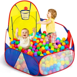 Eocolz Kids Ball Pit Large Pop Up Childrens Ball Pits Tent for Toddlers Playhouse Baby Crawl Playpen with Basketball Hoop and Zipper Storage Bag, 4 Ft/120CM, Balls Not Included (Blue Yellow Red)