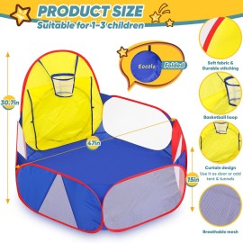 Eocolz Kids Ball Pit Large Pop Up Childrens Ball Pits Tent for Toddlers Playhouse Baby Crawl Playpen with Basketball Hoop and Zipper Storage Bag, 4 Ft/120CM, Balls Not Included (Blue Yellow Red)