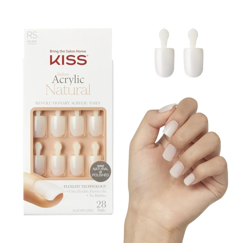 KISS Salon Acrylic Natural Press On Nails, Nail glue included, \'Rare\', Nude, Short Size, Squoval Shape, Includes 28 Nails, 2g Glue, 1 Manicure Stick, 1 Mini File KISS Salon Acrylic Natural Press On Nails, Nail glue included, \'Rare\', Nude, Short Size, Squoval Shape, Includes 28 Nails, 2g Glue, 1 Manicure Stick, 1 Mini File