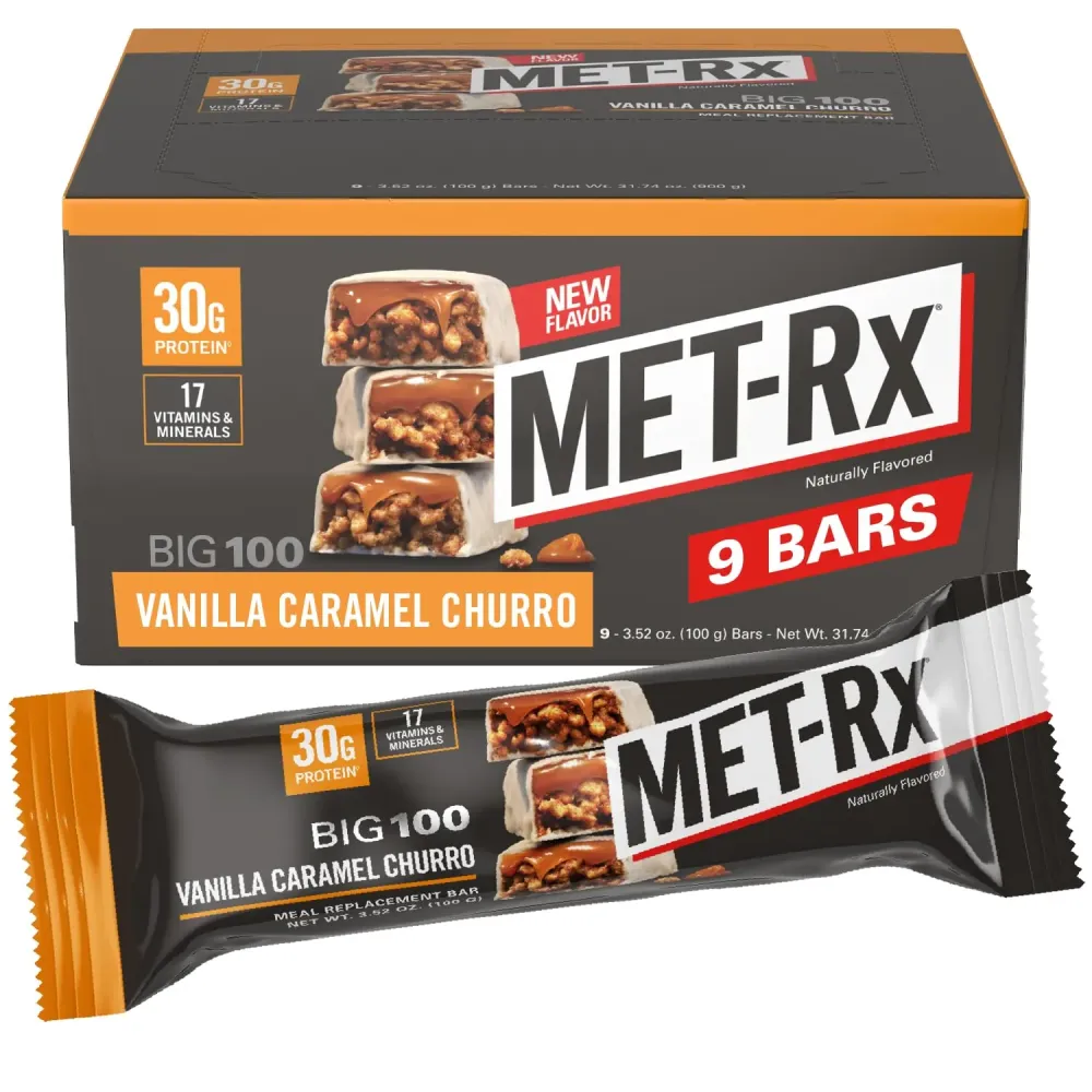MET-Rx Big 100 Colossal Protein Bars, Vanilla Caramel Churro Meal Replacement Bars, Brown, 9 Count MET-Rx Big 100 Colossal Protein Bars, Vanilla Caramel Churro Meal Replacement Bars, Brown, 9 Count