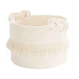 CherryNow Small Woven Storage Baskets Cotton Rope Decorative Hamper for Diaper, Blankets, Magazine and Keys, Cute Tassel Nursery Decor - Home Storage Container - 9.5\'\' x 7\'\' Off-white