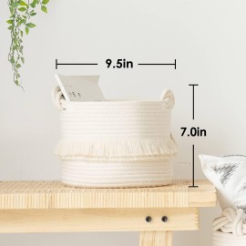 CherryNow Small Woven Storage Baskets Cotton Rope Decorative Hamper for Diaper, Blankets, Magazine and Keys, Cute Tassel Nursery Decor - Home Storage Container - 9.5\'\' x 7\'\' Off-white