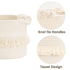 CherryNow Small Woven Storage Baskets Cotton Rope Decorative Hamper for Diaper, Blankets, Magazine and Keys, Cute Tassel Nursery Decor - Home Storage Container - 9.5\'\' x 7\'\' Off-white