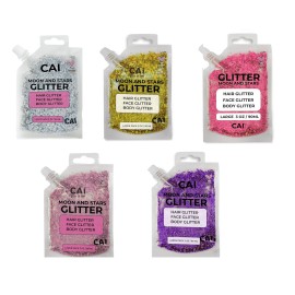 Face, Body & Hair Glitter Gel - Halloween Glitter for Kids and Women - 3 Oz Cosmetic-Grade Gel w/Moon & Stars for Festivals & Halloween Party, Easy Apply & Wash Off - Unicorn 5Pack
