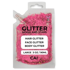 Face, Body & Hair Glitter Gel - Halloween Glitter for Kids and Women - 3 Oz Cosmetic-Grade Gel w/Moon & Stars for Festivals & Halloween Party, Easy Apply & Wash Off - Pink 1Pack
