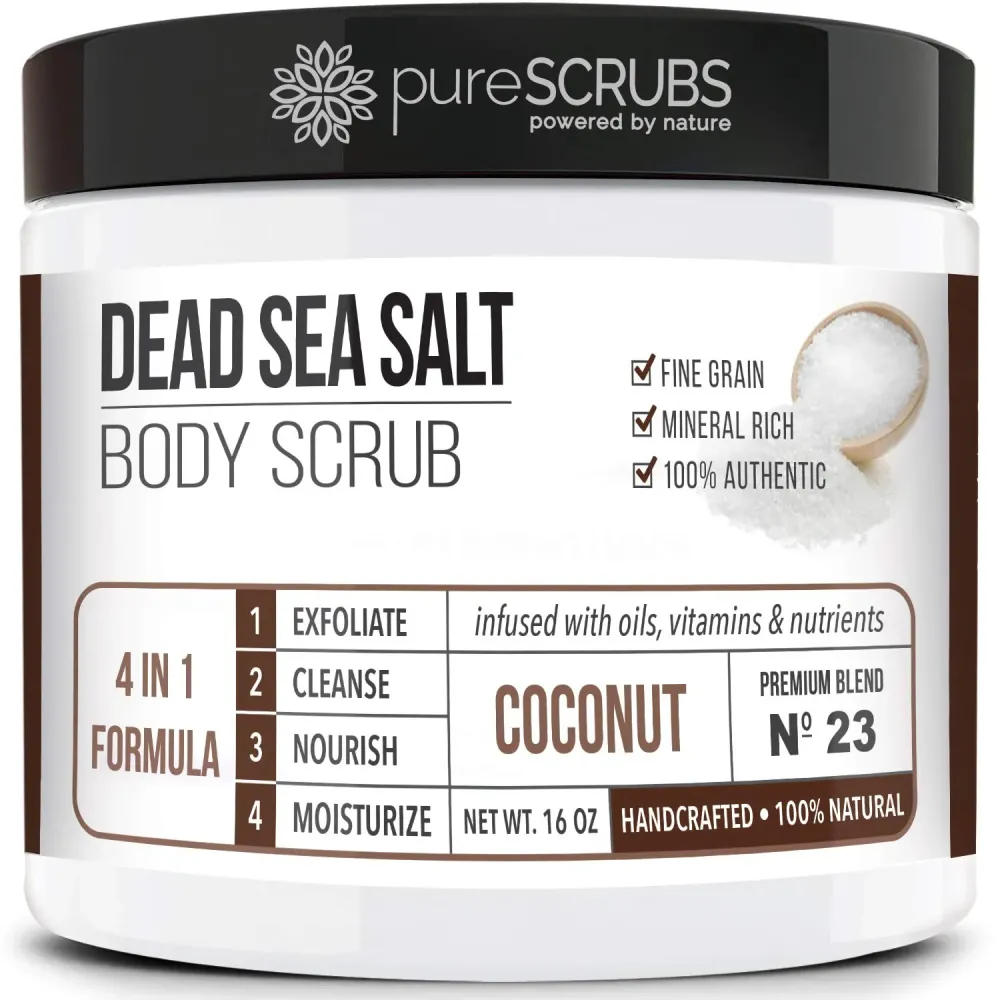 pureSCRUBS Premium Coconut Body Scrub Set - Large 16oz Dead Sea Salt Body Scrub With Infused Essential Oils & Nutrients, Includes Wooden Spoon, Loofah & Oatmeal Exfoliating Bar Soap pureSCRUBS Premium Coconut Body Scrub Set - Large 16oz Dead Sea Salt Body Scrub With Infused Essential Oils & Nutrients, Includes Wooden Spoon, Loofah & Oatmeal Exfoliating Bar Soap