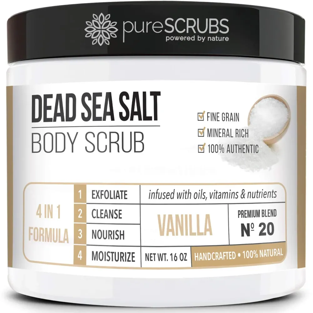 pureSCRUBS Premium Vanilla Body Scrub Set - Large 16oz Dead Sea Salt Body Scrub With Infused Essential Oils & Nutrients, Includes Wooden Spoon, Loofah & Oatmeal Exfoliating Bar Soap pureSCRUBS Premium Vanilla Body Scrub Set - Large 16oz Dead Sea Salt Body Scrub With Infused Essential Oils & Nutrients, Includes Wooden Spoon, Loofah & Oatmeal Exfoliating Bar Soap