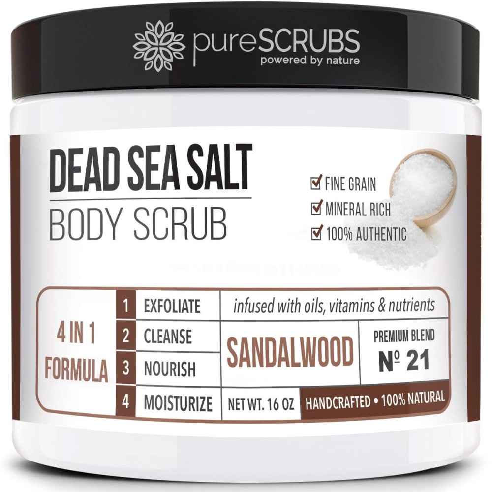 pureSCRUBS Premium Sandalwood Body Scrub Set - Large 16oz Dead Sea Salt Body Scrub With Infused Essential Oils & Nutrients, Includes Wooden Spoon, Loofah & Oatmeal Exfoliating Bar Soap