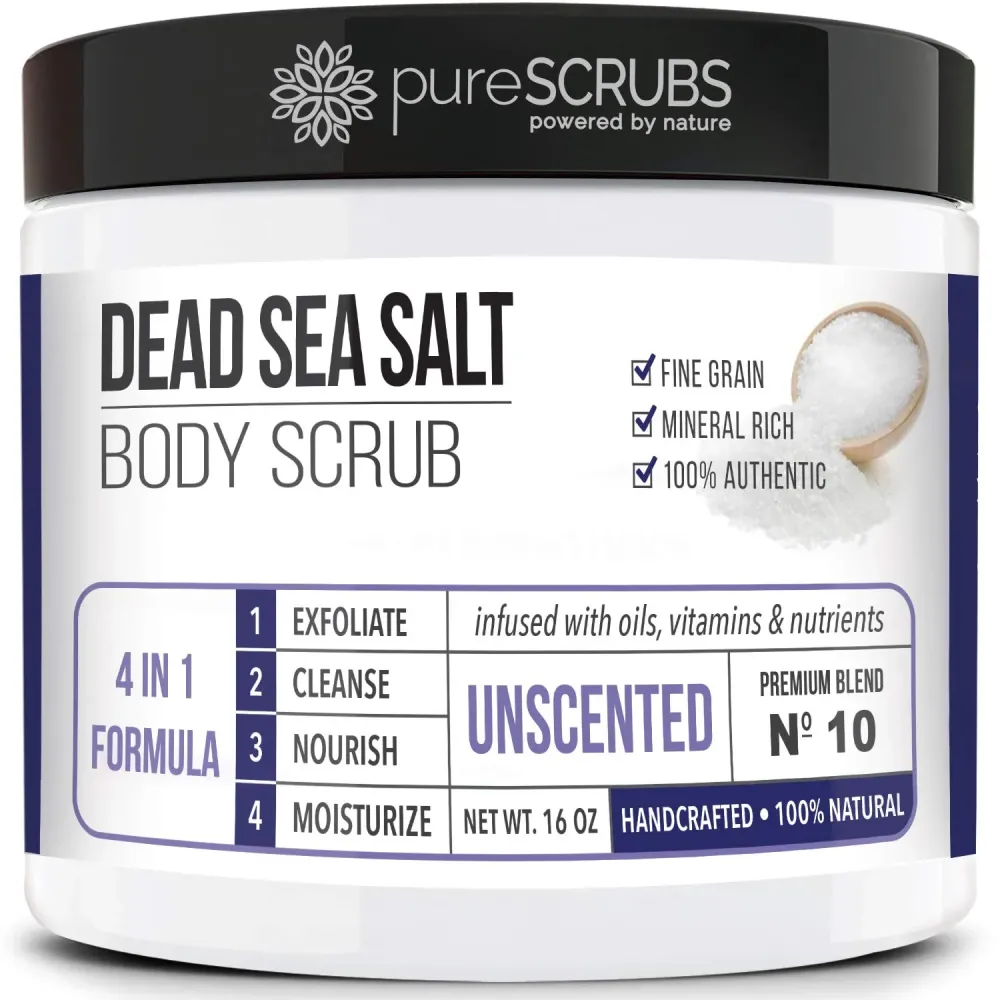 pureSCRUBS Premium Unscented Body Scrub Set - Large 16oz Dead Sea Salt Body Scrub With Infused Essential Oils & Nutrients, Includes Wooden Spoon, Loofah & Oatmeal Exfoliating Bar Soap pureSCRUBS Premium Unscented Body Scrub Set - Large 16oz Dead Sea Salt Body Scrub With Infused Essential Oils & Nutrients, Includes Wooden Spoon, Loofah & Oatmeal Exfoliating Bar Soap