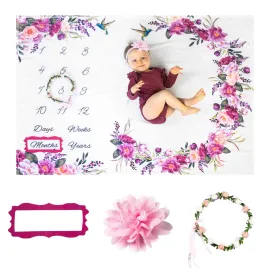 Bliss n\' Baby Monthly Milestone Blanket for Baby Girl - 60x40 - Wrinkle Free Baby Age Month Blanket with Growth Chart - Washable & Dryable - w/Wreath & Headband - Floral Theme