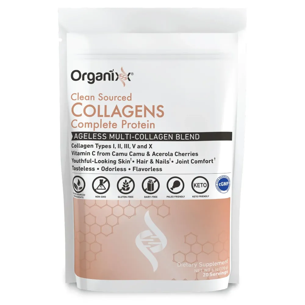 Organixx Collagen Peptides Powder with Vitamin C, Types I, II, III, V, X Hydrolyzed Collagen, Hair, Nail, Skin, Bone & Joint Health, Aging Support, Clean Sourced, Gluten Free, Unflavored, 20 Servings Organixx Collagen Peptides Powder with Vitamin C, Types I, II, III, V, X Hydrolyzed Collagen, Hair, Nail, Skin, Bone & Joint Health, Aging Support, Clean Sourced, Gluten Free, Unflavored, 20 Servings
