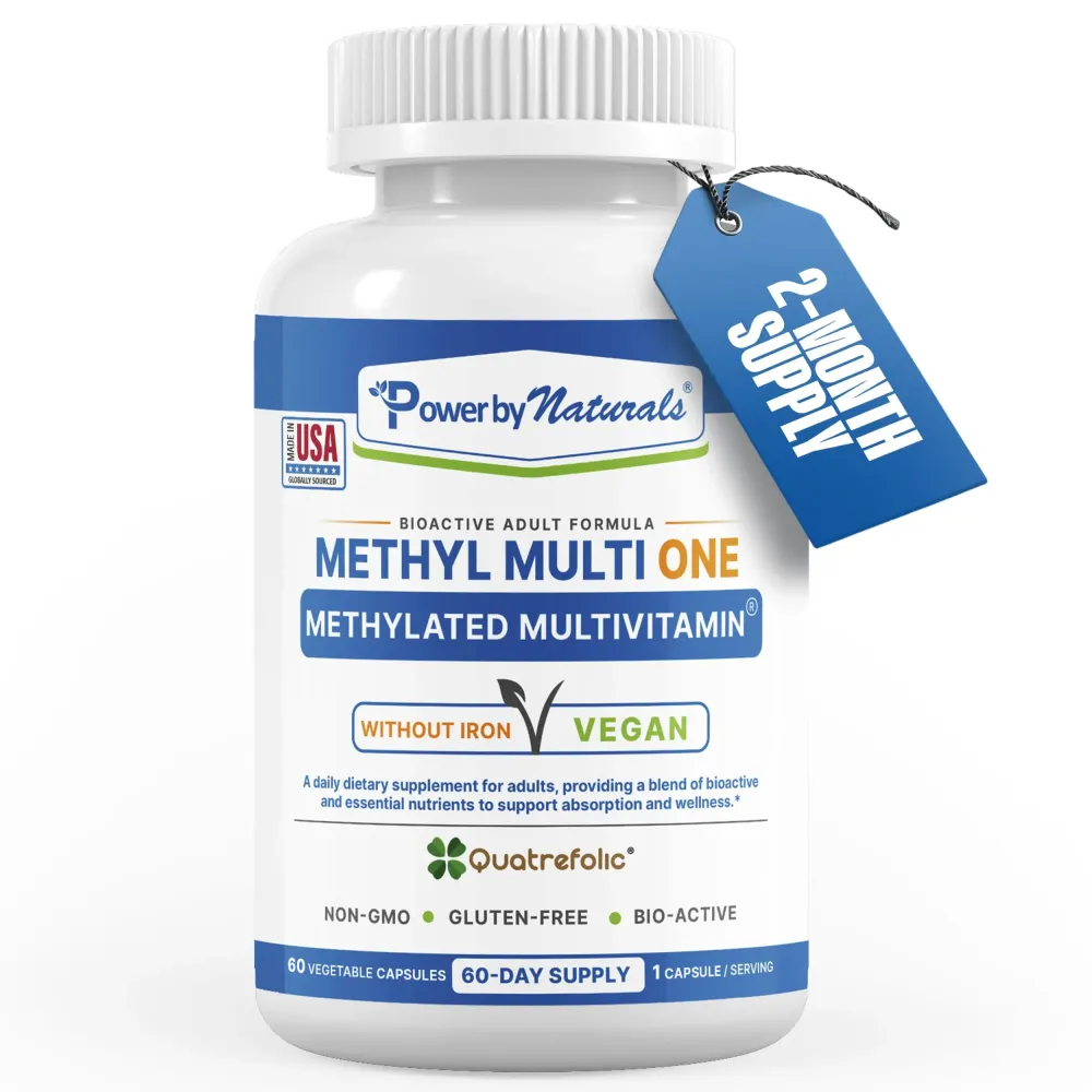 Power By Naturals Methyl Multi One - Iron-Free Methylated Multivitamin with Quatrefolic 5-MTHF, Active B12, P5P, CoQ10 & Zinc for MTHFR Support - Energy & Focus Formula - 60 Capsules (2-Month Supply) Power By Naturals Methyl Multi One - Iron-Free Methylated Multivitamin with Quatrefolic 5-MTHF, Active B12, P5P, CoQ10 & Zinc for MTHFR Support - Energy & Focus Formula - 60 Capsules (2-Month Supply)