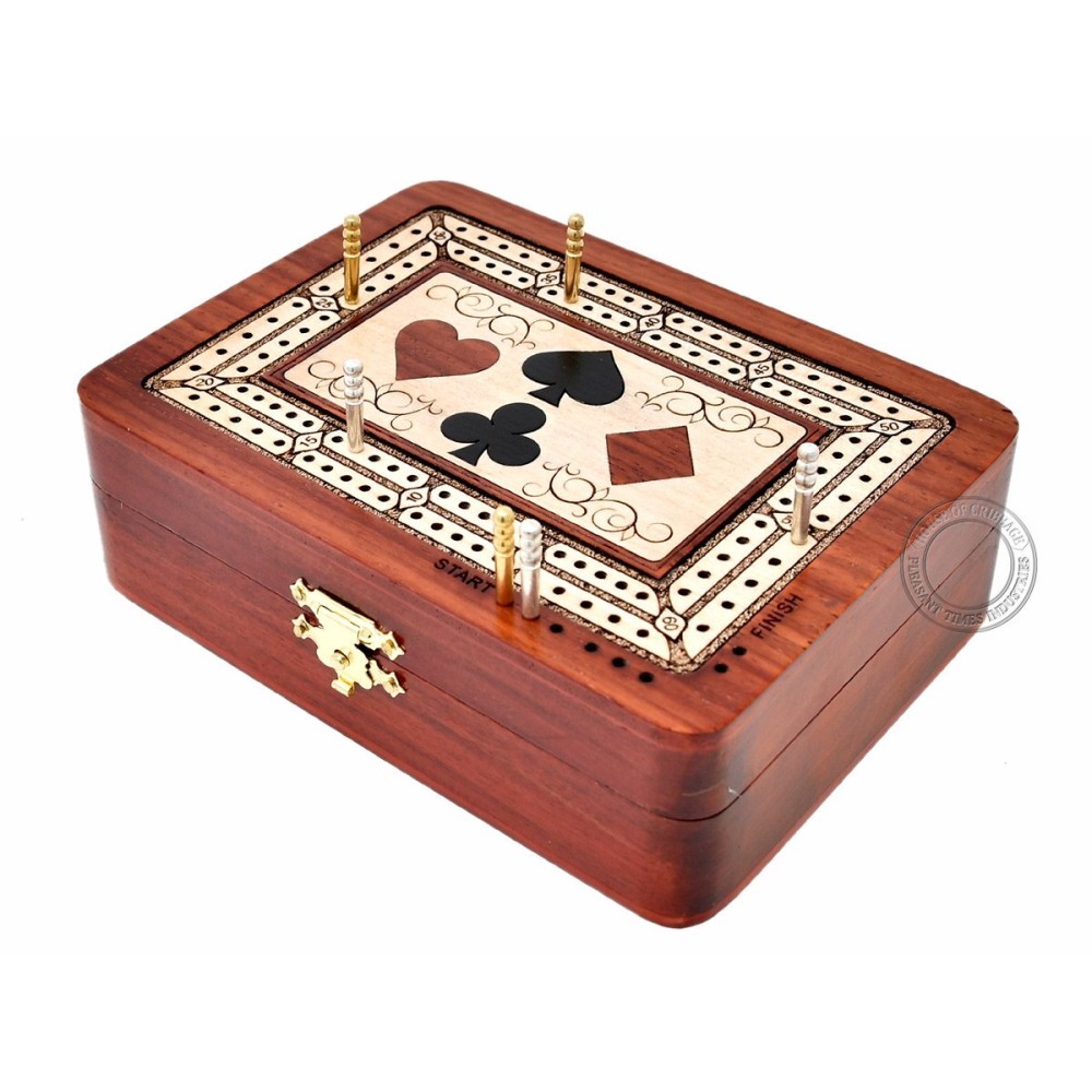 House of Cribbage - 2 Track - Wooden Cribbage Board/Box - Inlaid in Bloodwood/Maple Wood - Storage for Pegs & One Deck of Cards - 60 Points - Non Continuous House of Cribbage - 2 Track - Wooden Cribbage Board/Box - Inlaid in Bloodwood/Maple Wood - Storage for Pegs & One Deck of Cards - 60 Points - Non Continuous