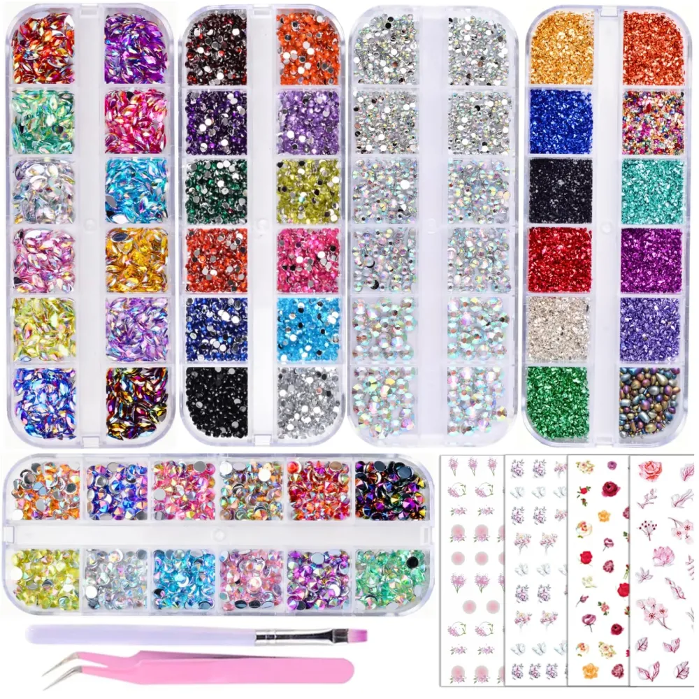 editTime 5 Boxes Shiny Colorful Nail Art Rhinestones Kit 3D Flatback Horse Eye Rhinestones Irregular Nail Stone and 4 Sheets Flower Nail Stickers with a Curved Tweezers and a Nail Brush (multicolor) editTime 5 Boxes Shiny Colorful Nail Art Rhinestones Kit 3D Flatback Horse Eye Rhinestones Irregular Nail Stone and 4 Sheets Flower Nail Stickers with a Curved Tweezers and a Nail Brush (multicolor)