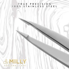 By MILLY Pointed Tweezers | High Carbon Stainless Steel Needle Nose | Fine Point Precision Hair Removal | Perfectly Aligned & Hand-Filed Sharp | Silver By MILLY Pointed Tweezers | High Carbon Stainless Steel Needle Nose | Fine Point Precision Hair Removal | Perfectly Aligned & Hand-Filed Sharp | Silver