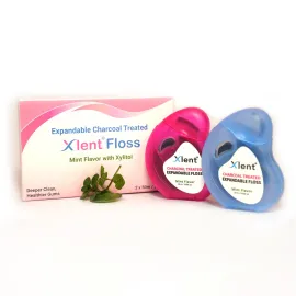 Expandable Dental Floss Treated with Activated Charcoal with Xylitol and Natural Plant Based Wax | Mint Flavor | PFAS & PTFE Free | Pack of 2 (50 m Floss Containers)