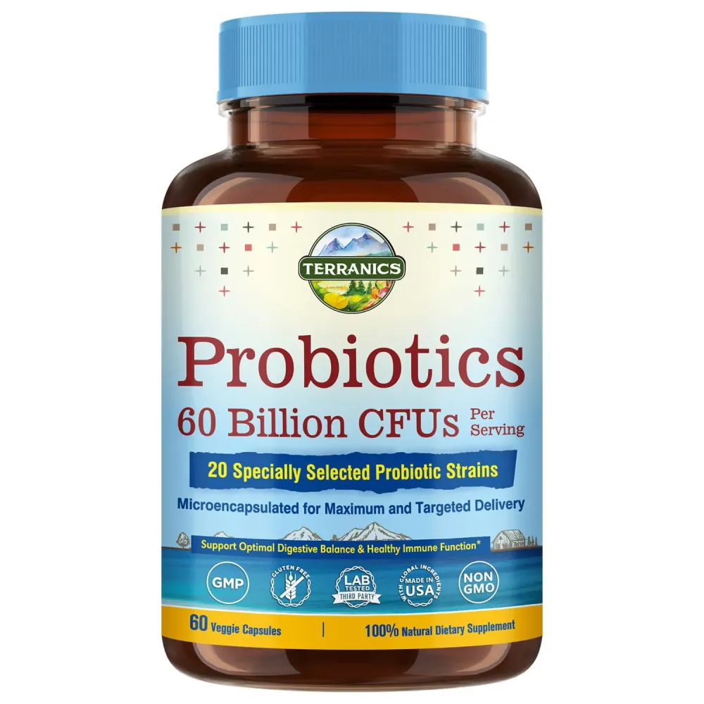 Terranics Probiotics 60 Billion CFU, 20 Strains, 60 Veg Capsules, Prebiotics & Probiotics, Shelf Stable Probiotic Supplement for Men & Women, Digestive & Immune Health, Non-GMO, NO Soy, Dairy & Gluten Terranics Probiotics 60 Billion CFU, 20 Strains, 60 Veg Capsules, Prebiotics & Probiotics, Shelf Stable Probiotic Supplement for Men & Women, Digestive & Immune Health, Non-GMO, NO Soy, Dairy & Gluten