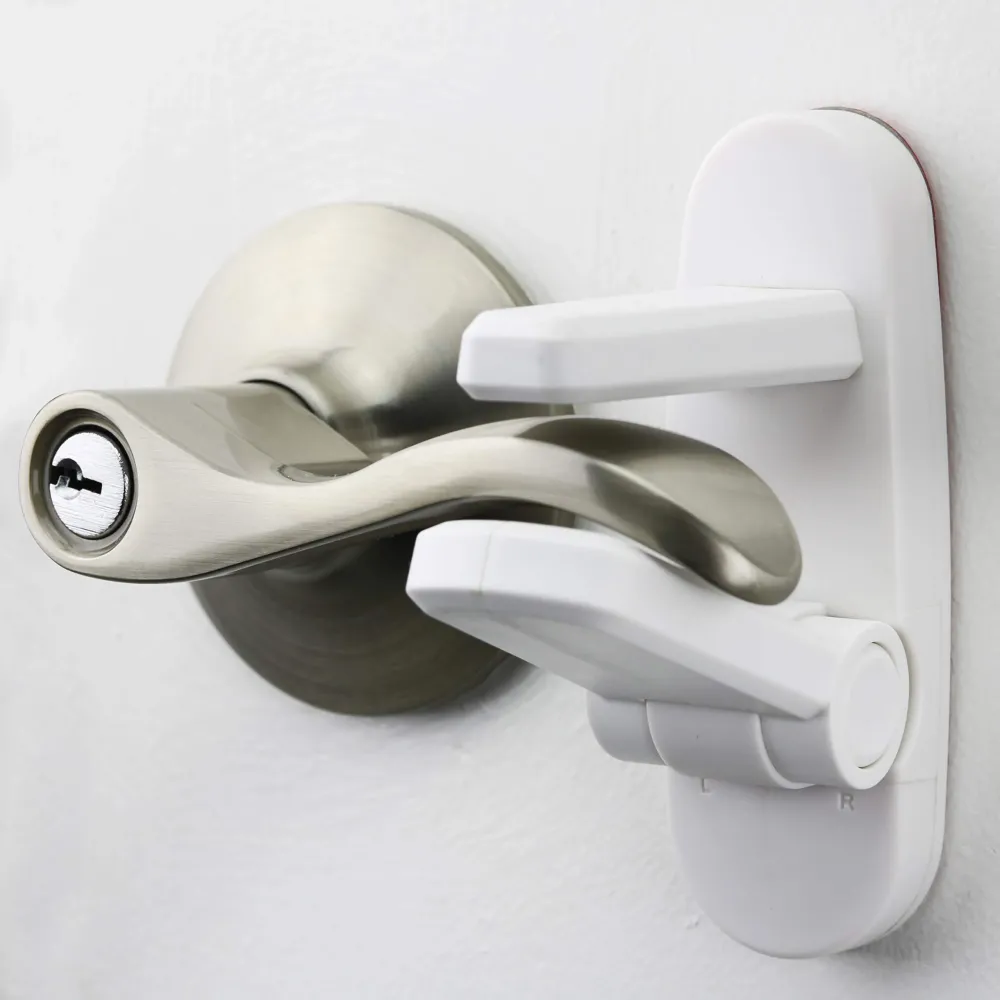 Door Lever Lock (3 Pack) Prevents Toddlers from Opening Doors. 3.25 L * 1.5 W * 4.5 H Easy One Hand Operation for Adults. Durable ABS with 3M Adhesive Backing. Simple Install, No Tools Needed. Door Lever Lock (3 Pack) Prevents Toddlers from Opening Doors. 3.25 L * 1.5 W * 4.5 H Easy One Hand Operation for Adults. Durable ABS with 3M Adhesive Backing. Simple Install, No Tools Needed.