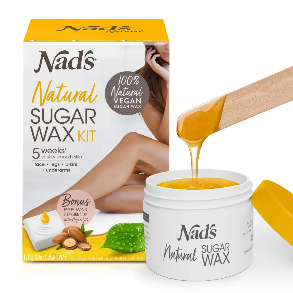 Nad\'s 100% Natural Sugar Wax Kit, Vegan, Hypoallergenic, No-heat Formula Waxing Sugar Paste, Includes 6 Wooden Spatulas, 10 Reusable 100% Cotton Strips, 1 Pre-wax Cleansing Soap & Sugar Wax 6oz Nad\'s 100% Natural Sugar Wax Kit, Vegan, Hypoallergenic, No-heat Formula Waxing Sugar Paste, Includes 6 Wooden Spatulas, 10 Reusable 100% Cotton Strips, 1 Pre-wax Cleansing Soap & Sugar Wax 6oz