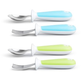 Munchkin Raise Toddler Fork and Spoon Utensil Set, Rest Keeps Tip Off Table, BPA Free, 4 Pack, Blue/Green Munchkin Raise Toddler Fork and Spoon Utensil Set, Rest Keeps Tip Off Table, BPA Free, 4 Pack, Blue/Green