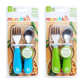 Munchkin Raise Toddler Fork and Spoon Utensil Set, Rest Keeps Tip Off Table, BPA Free, 4 Pack, Blue/Green Munchkin Raise Toddler Fork and Spoon Utensil Set, Rest Keeps Tip Off Table, BPA Free, 4 Pack, Blue/Green