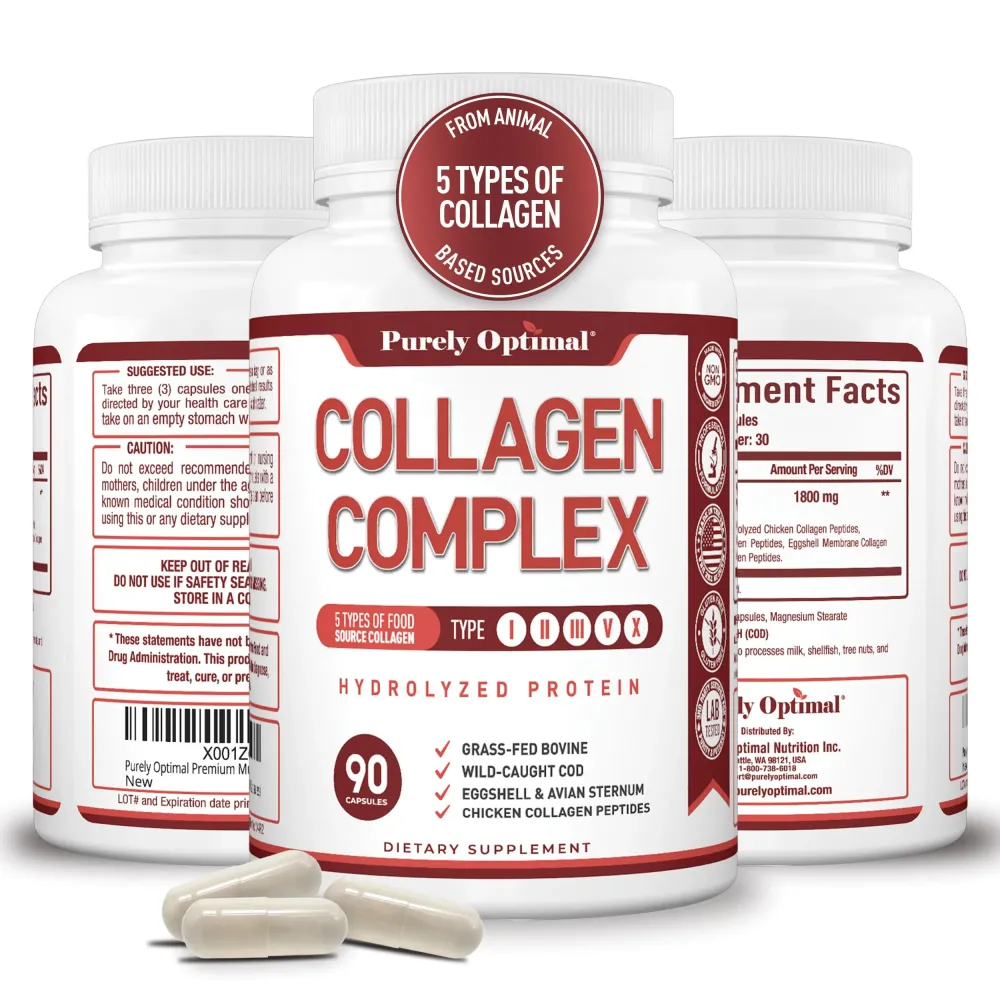 Purely Optimal Premium Multi Collagen Peptides Capsules (Types I, II, III, V, X) - Hair, Skin and Nails, Digestive & Joint Health Supplement, Hydrolyzed Collagen Pills (90 Capsules) Purely Optimal Premium Multi Collagen Peptides Capsules (Types I, II, III, V, X) - Hair, Skin and Nails, Digestive & Joint Health Supplement, Hydrolyzed Collagen Pills (90 Capsules)