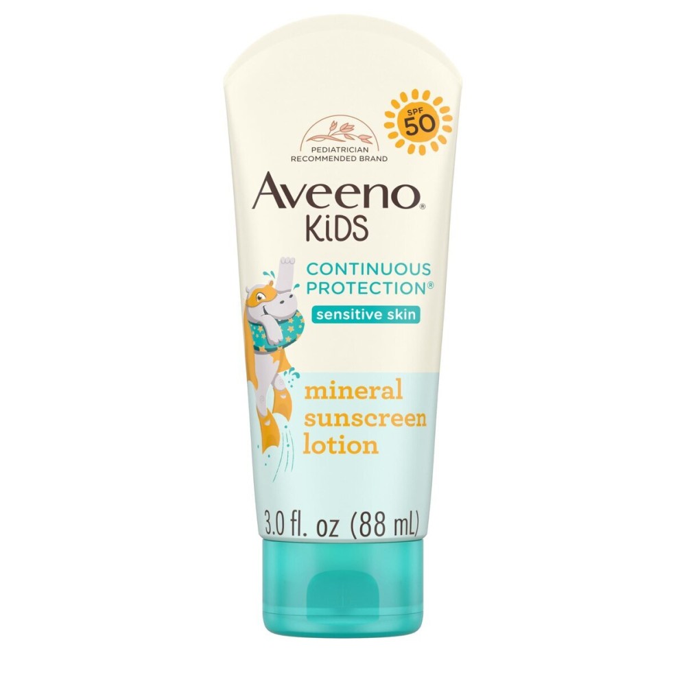 Aveeno Kids Continuous Protection Zinc Oxide Mineral Sunscreen Lotion for Children\'s Sensitive Skin with Broad Spectrum SPF 50, Tear-Free, Sweat- & Water-Resistant, Non-Greasy, 3 fl. oz Aveeno Kids Continuous Protection Zinc Oxide Mineral Sunscreen Lotion for Children\'s Sensitive Skin with Broad Spectrum SPF 50, Tear-Free, Sweat- & Water-Resistant, Non-Greasy, 3 fl. oz