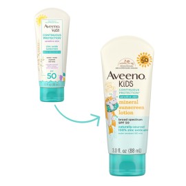 Aveeno Kids Continuous Protection Zinc Oxide Mineral Sunscreen Lotion for Children\'s Sensitive Skin with Broad Spectrum SPF 50, Tear-Free, Sweat- & Water-Resistant, Non-Greasy, 3 fl. oz Aveeno Kids Continuous Protection Zinc Oxide Mineral Sunscreen Lotion for Children\'s Sensitive Skin with Broad Spectrum SPF 50, Tear-Free, Sweat- & Water-Resistant, Non-Greasy, 3 fl. oz