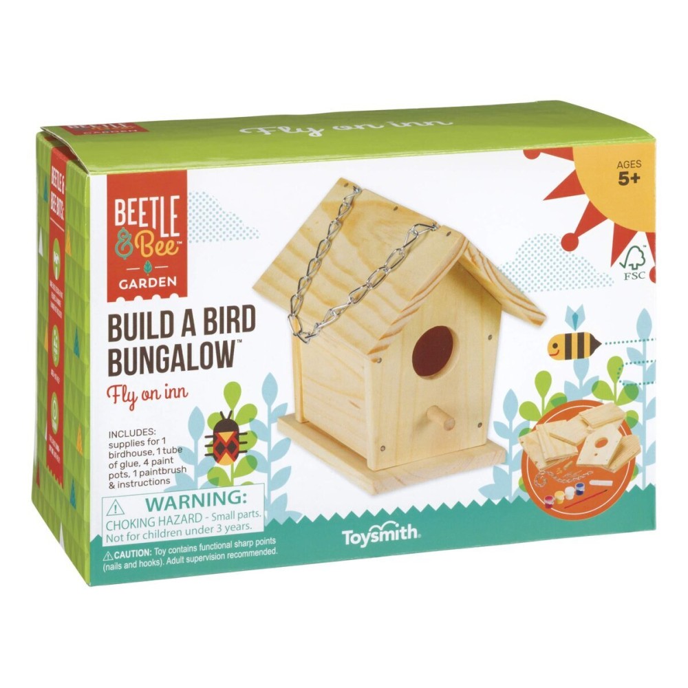 Beetle & Bee Build A Bird Bungalow - DIY Kid Art Craft Outdoor Birdhouse Kit, House Painting Kit for Kids, Hardware Glue Included- 4 Paints, 1 Brush, 7 Wooden Pcs, Chain For Tree Hanging Age 5+ Beetle & Bee Build A Bird Bungalow - DIY Kid Art Craft Outdoor Birdhouse Kit, House Painting Kit for Kids, Hardware Glue Included- 4 Paints, 1 Brush, 7 Wooden Pcs, Chain For Tree Hanging Age 5+