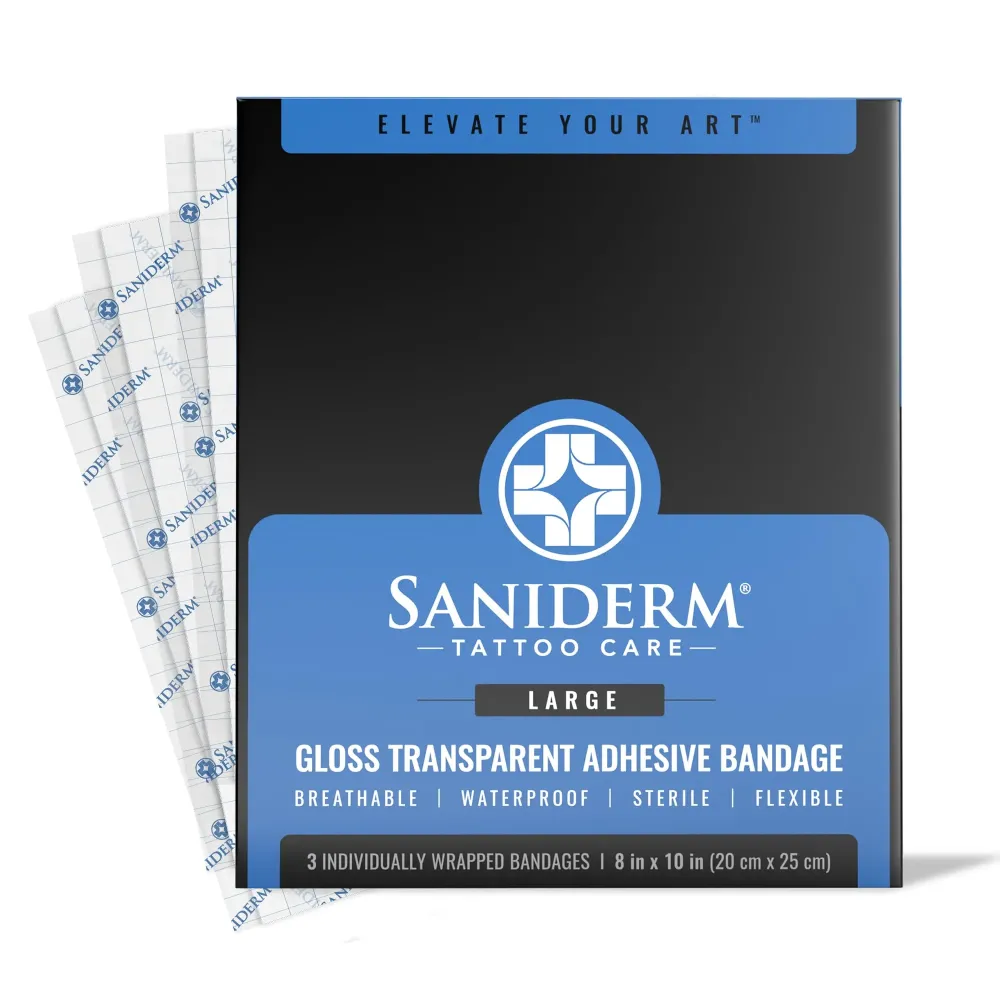 Saniderm Tattoo Aftercare Bandage 3 Sheets (Large Pack, 8 in x 10 in) - Convenient, Faster Tattoo Healing and Protection - Sterile, Waterproof, and Latex-Free Saniderm Tattoo Aftercare Bandage 3 Sheets (Large Pack, 8 in x 10 in) - Convenient, Faster Tattoo Healing and Protection - Sterile, Waterproof, and Latex-Free