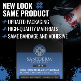 Saniderm Tattoo Aftercare Bandage 3 Sheets (Large Pack, 8 in x 10 in) - Convenient, Faster Tattoo Healing and Protection - Sterile, Waterproof, and Latex-Free Saniderm Tattoo Aftercare Bandage 3 Sheets (Large Pack, 8 in x 10 in) - Convenient, Faster Tattoo Healing and Protection - Sterile, Waterproof, and Latex-Free