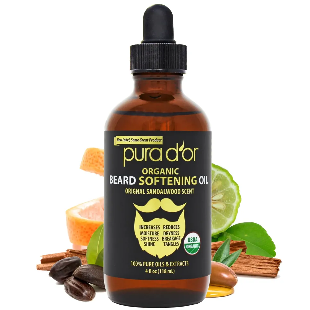 PURA D\'OR 4 Oz ORGANIC Beard Softening Oil - Original Sandalwood Scent - Leave-In Conditioner, Argan & Jojoba Oil - Mustache Care & Maintenance, Increase Softness & Strength - Beard Hair, Skin & Face PURA D\'OR 4 Oz ORGANIC Beard Softening Oil - Original Sandalwood Scent - Leave-In Conditioner, Argan & Jojoba Oil - Mustache Care & Maintenance, Increase Softness & Strength - Beard Hair, Skin & Face