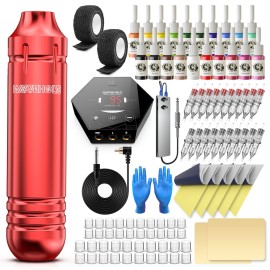 Wormhole Tattoo Kit Tattoo Gun Kit Tattoo Machine Kit for Beginners Tattoo Gun 20 Color Inks Power Supply Tattoo Pen Kit Red