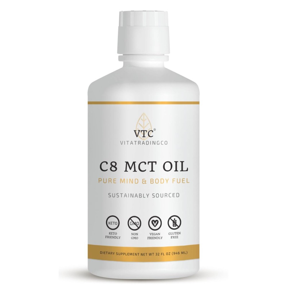 VTC VitaTradingCo. 100% Pure C8 MCT Oil | 3X Distilled Caprylic Acid | Healthy Fat for Clean Energy | Sustainably Sourced | Non-GMO, Paleo, Keto | 32oz, 64 Servings (Unflavored) VTC VitaTradingCo. 100% Pure C8 MCT Oil | 3X Distilled Caprylic Acid | Healthy Fat for Clean Energy | Sustainably Sourced | Non-GMO, Paleo, Keto | 32oz, 64 Servings (Unflavored)