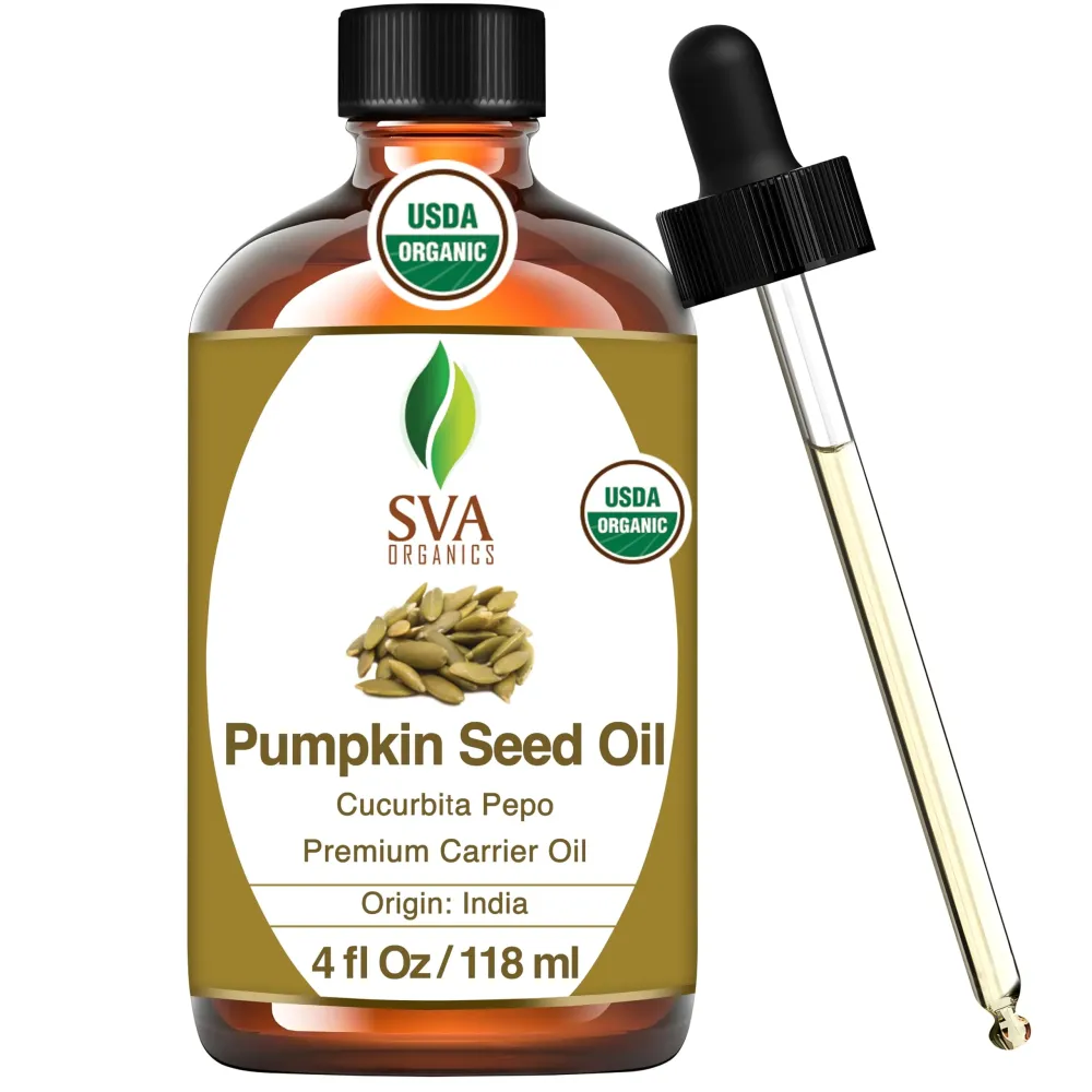 SVA Pumpkin Seed Oil Organic - 4 Fl Oz - 100% Natural Cold Pressed Organic Pumpkin oil - for Face, Skin Care, Hair Care, Scalp Massage & Body Massage - Carrier Oil with Dropper SVA Pumpkin Seed Oil Organic - 4 Fl Oz - 100% Natural Cold Pressed Organic Pumpkin oil - for Face, Skin Care, Hair Care, Scalp Massage & Body Massage - Carrier Oil with Dropper