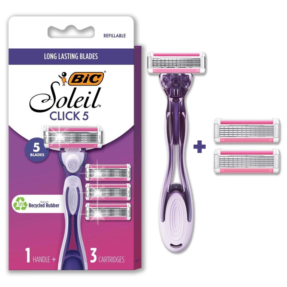 BIC Click 5 Soleil Women\'s Disposable Razors; 5 Blades With a Moisture Strip For a Smoother Shave; 1 Handle and 3 Cartridges; 4 Piece Razor Set BIC Click 5 Soleil Women\'s Disposable Razors; 5 Blades With a Moisture Strip For a Smoother Shave; 1 Handle and 3 Cartridges; 4 Piece Razor Set