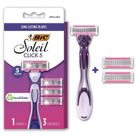 BIC Click 5 Soleil Women\'s Disposable Razors; 5 Blades With a Moisture Strip For a Smoother Shave; 1 Handle and 3 Cartridges; 4 Piece Razor Set